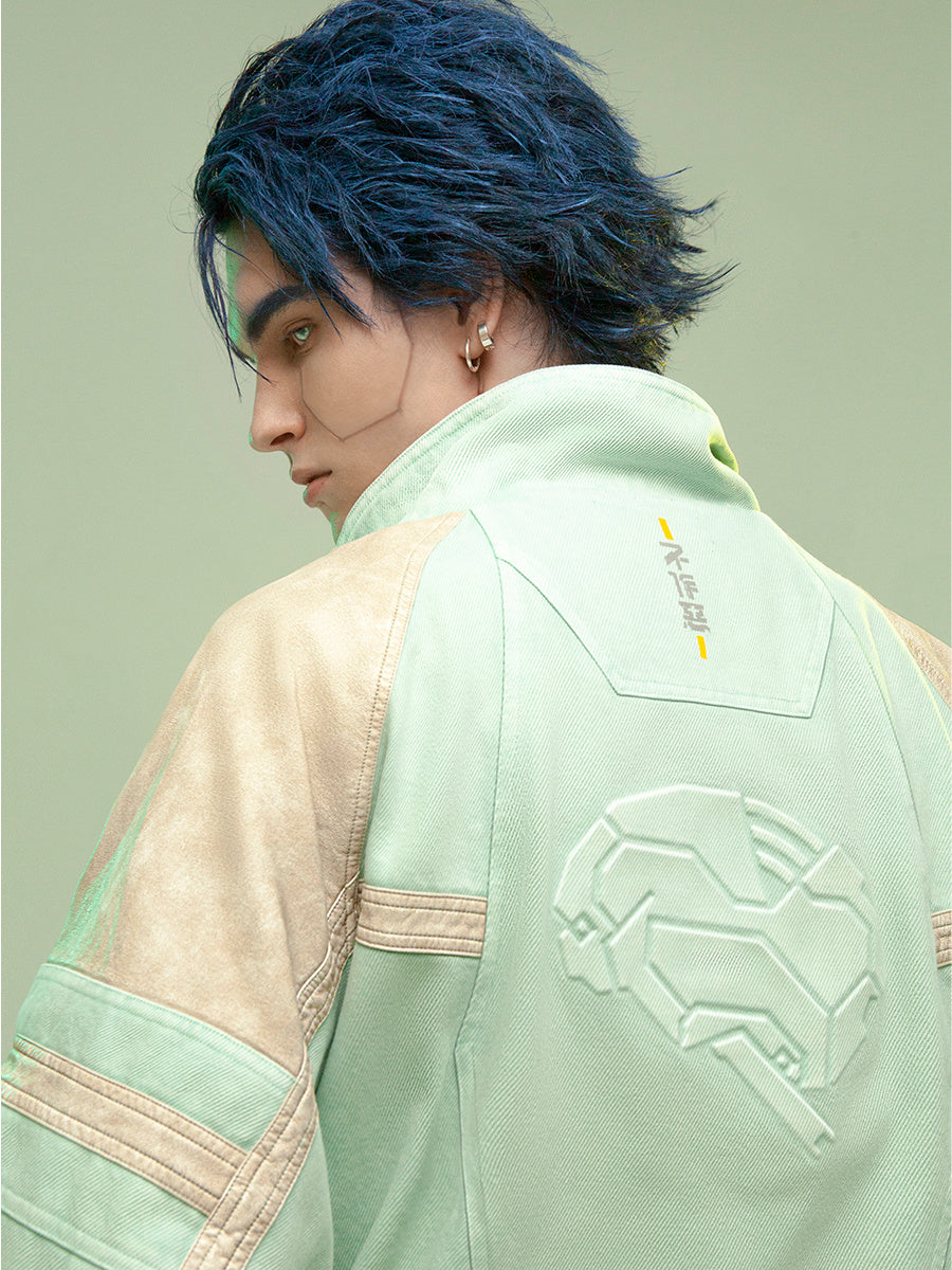 Veste courte en cuir épais lavé, patchwork, style manga homme femme