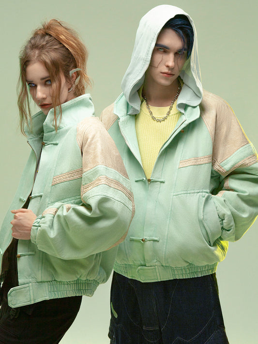 Veste courte en cuir épais lavé, patchwork, style manga homme femme