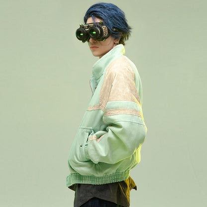 Veste courte en cuir épais lavé, patchwork, style manga homme femme