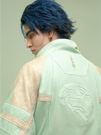 Veste courte en cuir épais lavé, patchwork, style manga homme femme