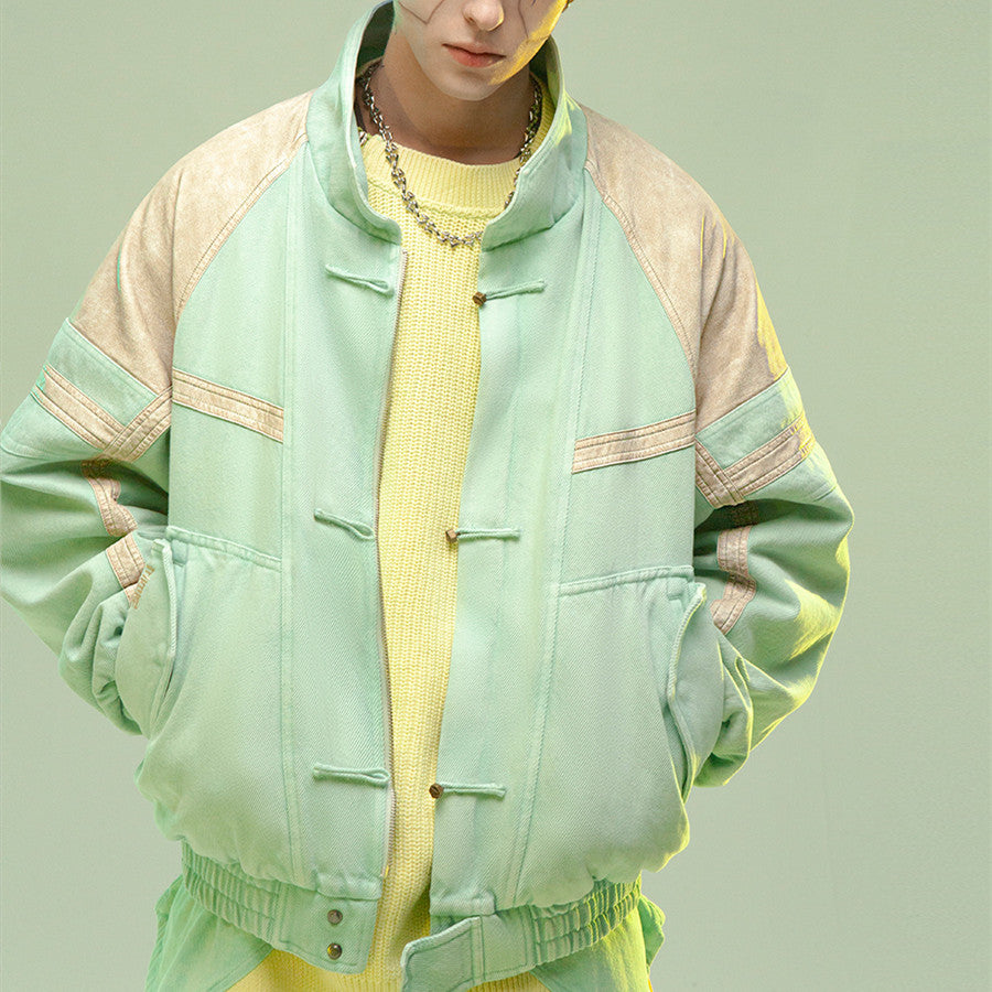 Veste courte en cuir épais lavé, patchwork, style manga homme femme