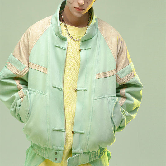 Veste courte en cuir épais lavé, patchwork, style manga homme femme