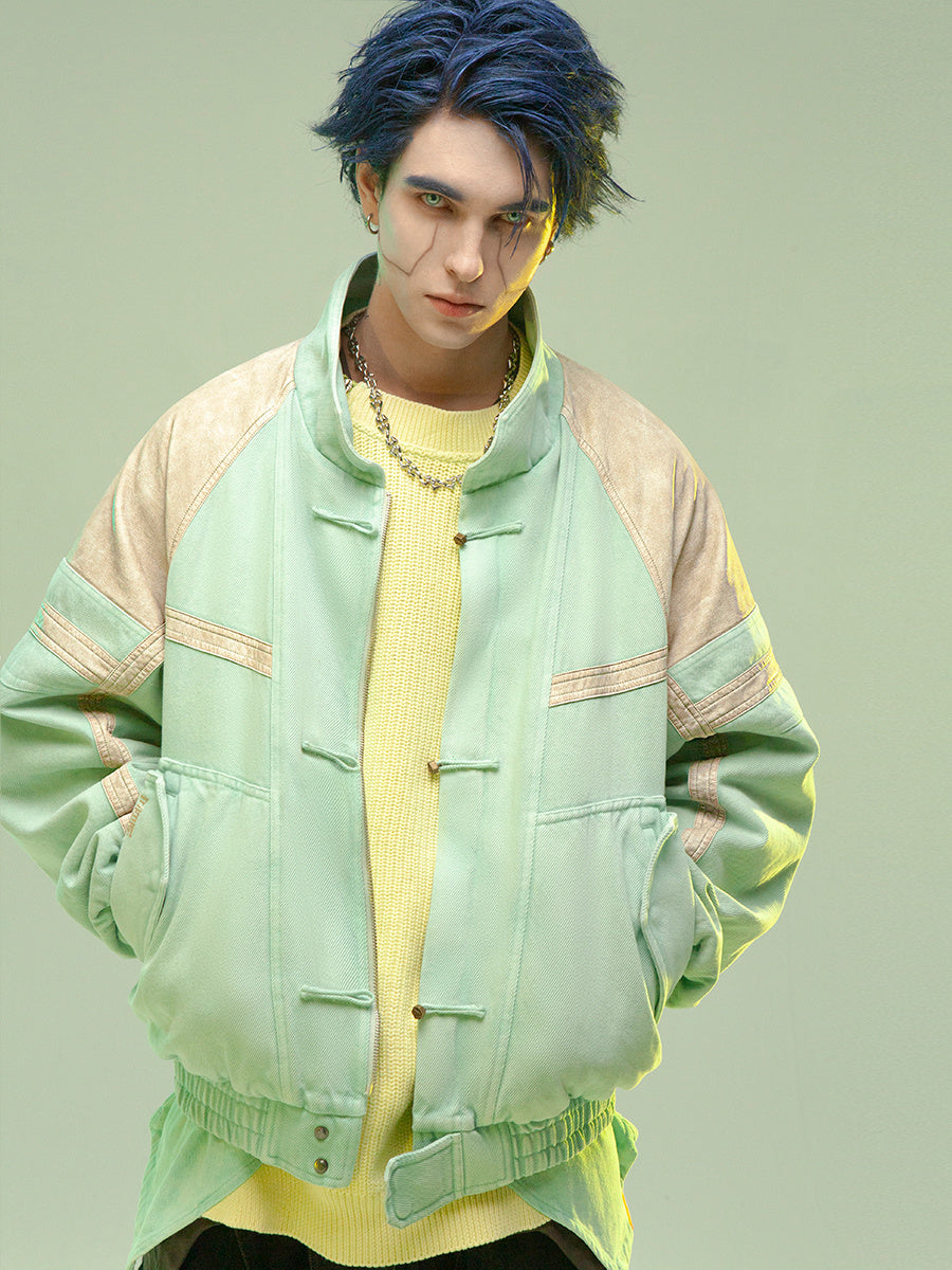 Veste courte en cuir épais lavé, patchwork, style manga homme femme