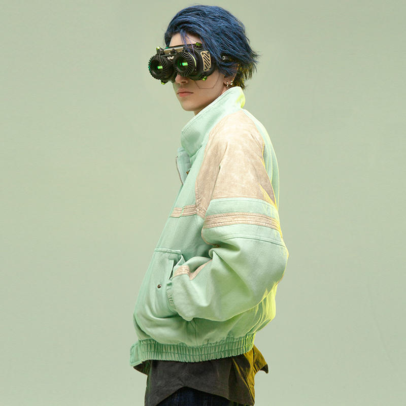 Veste courte en cuir épais lavé, patchwork, style manga homme femme