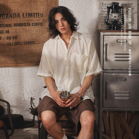 Chemise à manches courtes ajourée au design rétro pour homme