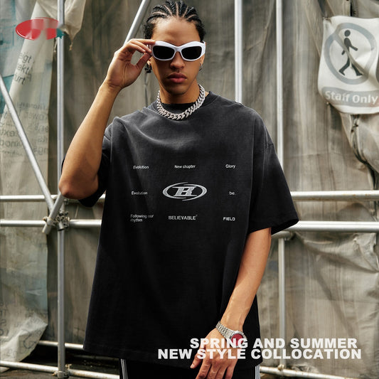 T-shirts rétro à manches courtes et col rond délavés pour hommes et femmes