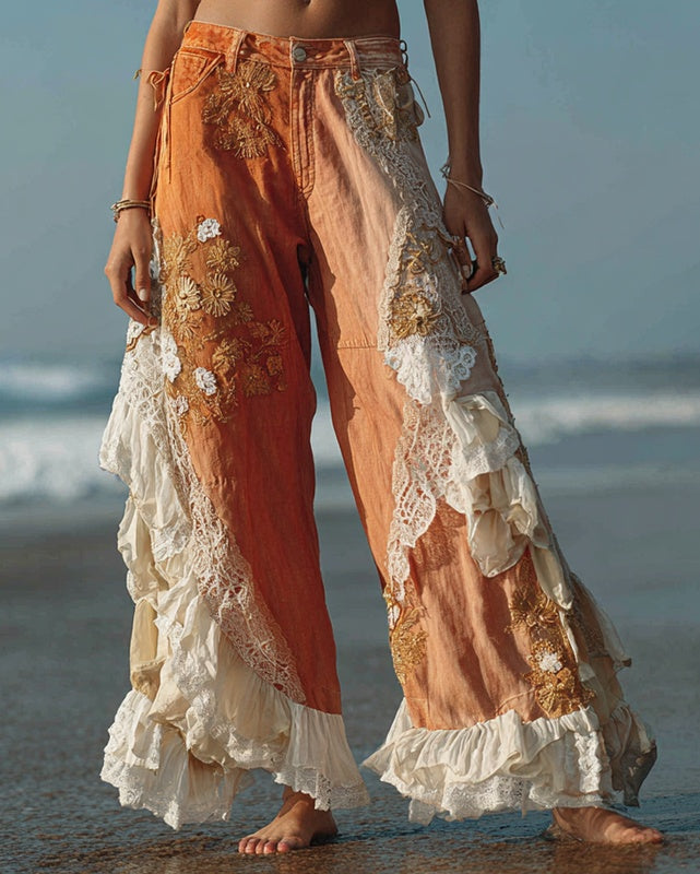 Pantalon taille haute imprimé rétro pour femme,