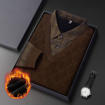 Pull décontracté pour homme en laine mélangée, polaire, faux deux-pièces, manches longues