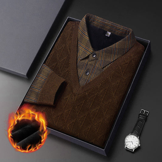 Pull décontracté pour homme en laine mélangée, polaire, faux deux-pièces, manches longues